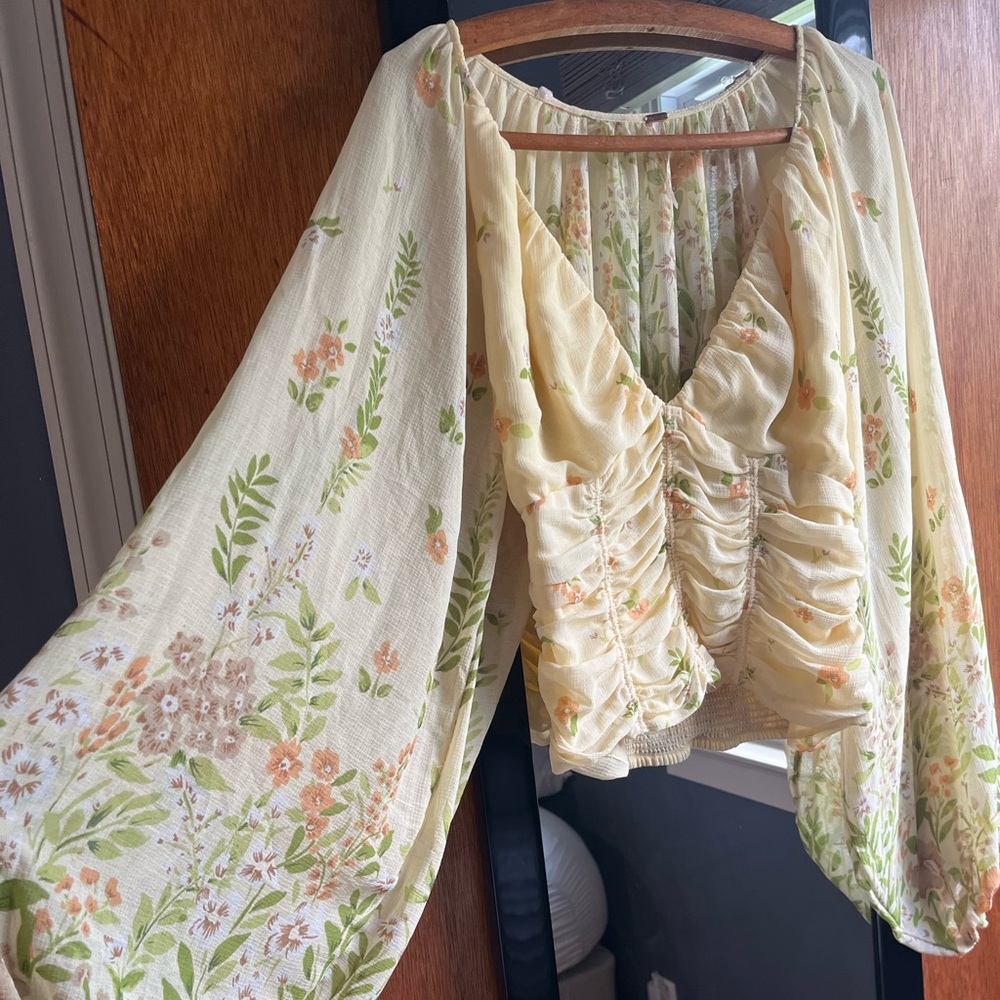 Free People Boho Yellow Floral Cropped Flowy Shirt